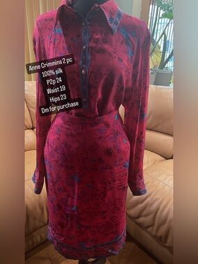 Anne Crimmins Red Floral Long Sleeve Silk Dress Set